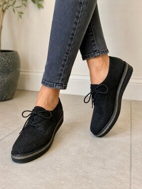 Italina Black Rhinestone Platform Oxford Shoes – Size 37 (Approx. US 7)